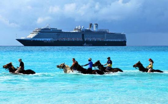 Holland America Line's latest edition to the fleet, ms Nieuw Amsterdam, at Half Moon Cay Bahamas. Photo by Marco van Belleghem, Nieuw Amsterdam's hotel manager.
