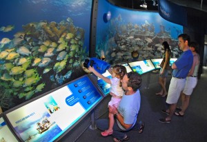 Andy Olday, left, hoists his daughter Emilia, so she can view a video screen on an underwater camera at the Florida Keys Eco-Discovery Center  in Key West, Fla. Through a series of interactive exhibits, the $6 million Eco-Discovery Center showcases the Florida Keys National Marine Sanctuary's environment. Photo by Andy Newman/Florida Keys News Bureau
