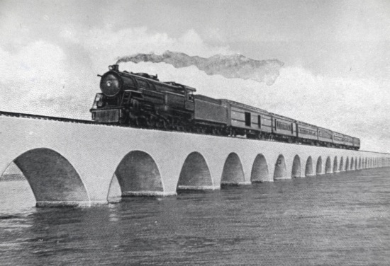 An undated photograph shows the Henry Flagler's Florida Keys Over-Sea Railroad train on the Long Key Viaduct. Jan. 22, 2012, is to mark the centennial anniversary of the first train's arrival into Key West and the completion of the Over-Sea Railroad project. A series of events in the Florida Keys to mark the occasion are underway and more are planned. Photo courtesy of the Monroe County Public Library.