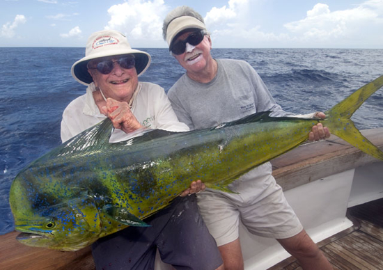 Our CEO Stuart (left) is 88 and has had two artificial knees, but he still had the stamina to "wrestle" this 38-pound bull dolphin to the boat on a 20-pound-test line Thursday. Caught off Islamorada, in the Florida Keys of course.